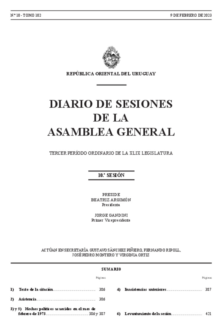 DIARIO DE SESIONES DE LA ASAMBLEA GENERAL del 09/02/2023